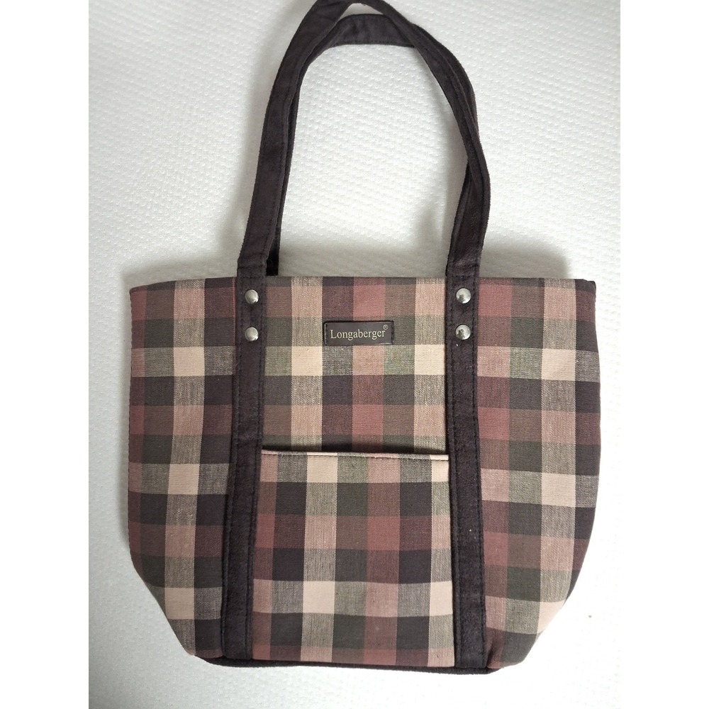 Longaberger Tote Bag Womens Medium Brown Plaid Excellent Homestead Woven Fabric